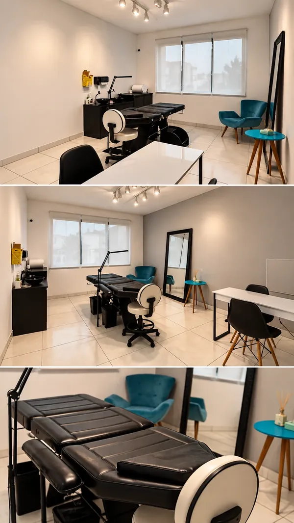Três fotos do estúdio: a sala clara com janela e bancada, a maca preta com a cadeira azul e o espelho de moldura preta, e a maca de perto.